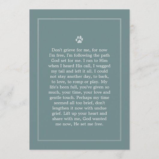 犬のメモリアルカード5x7ティール（緑がかった色）詩を嘆かないで プログラム (裏面)