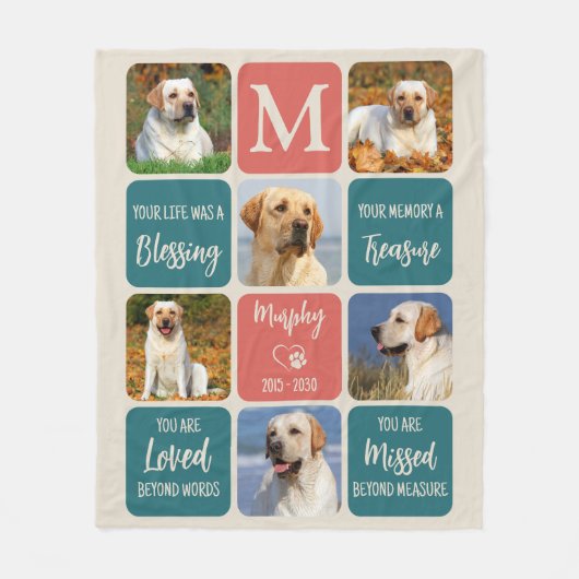 犬のメモリアルギフトペットロスレトロカラー6写真 フリースブランケット (正面)