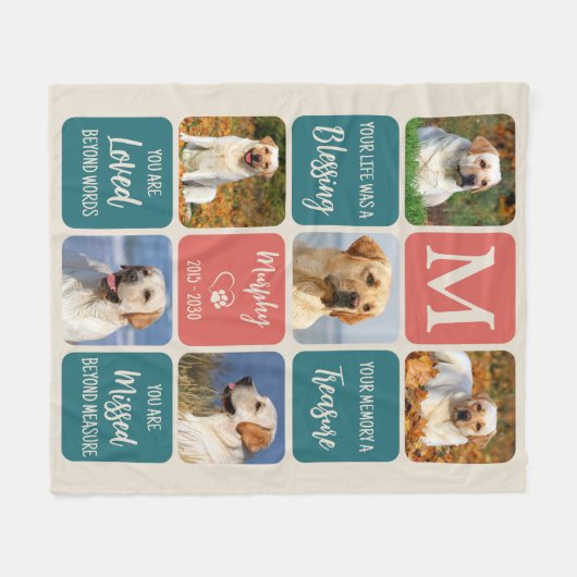 犬のメモリアルギフトペットロスレトロカラー6写真 フリースブランケット (正面(横))