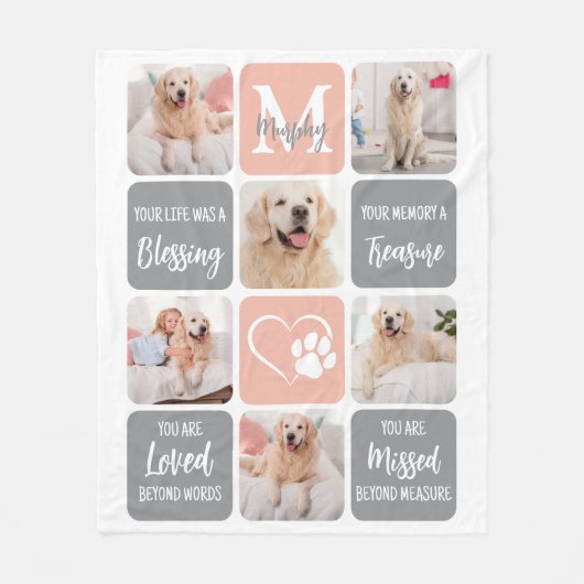 犬のメモリアルペットロスモダンカラーフォトコラージュ フリースブランケット (正面)