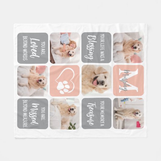 犬のメモリアルペットロスモダンカラーフォトコラージュ フリースブランケット (正面(横))