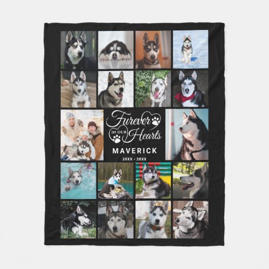 犬のメモリアルFUREVER IN OURハート写真コラージュ フリースブランケット (正面)
