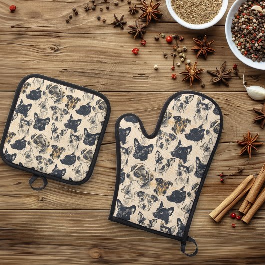 犬のヴィンテージポートレート 鍋つかみ&鍋敷きセット