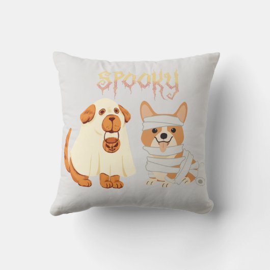 犬の不気味幽霊とミイラのライトグレーハロウィーン クッション (裏面)