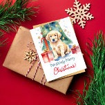 犬の人々のためのメリークリスマスのグリーティングレトリバー ポストカード<br><div class="desc">犬メリー人用のクリスマスグリーティングハガキ、ギフトボックスとクリスマスツリーで子犬の水色かわいいゴールデンレトリバー、愛犬家用クリスマスハガキ</div>