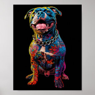 犬の入れ墨ピットブル入れカラフル墨の犬 ポスター