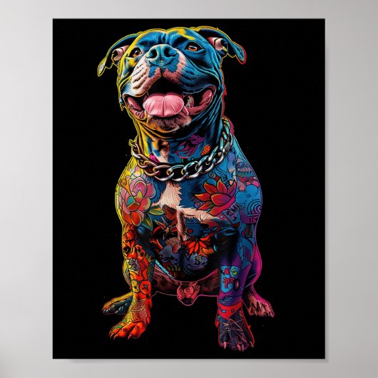 犬の入れ墨ピットブル入れカラフル墨の犬 ポスター (正面)