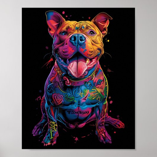 犬の入れ墨ピットブル入れカラフル墨の犬 ポスター (正面)