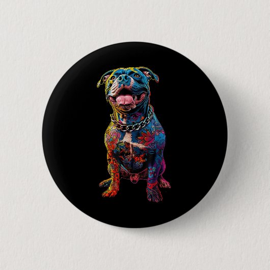 犬の入れ墨ピットブル入れカラフル墨の犬 缶バッジ (正面)