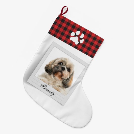 犬の写真とポーペットオーナーパーソナライズされた ラージクリスマスストッキング (正面 (吊り時))