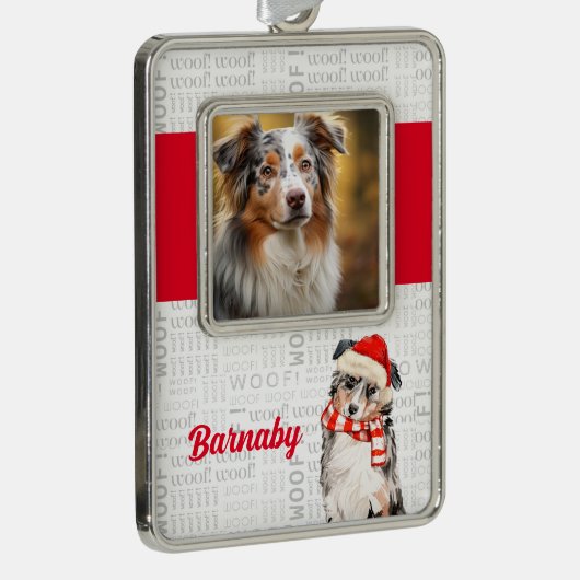 犬の写真と名前がオーストラリアの羊飼いサンタ シルバープレートフレームオーナメント (右)