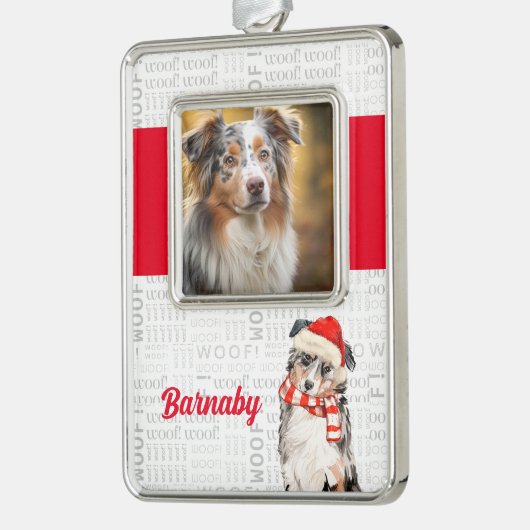 犬の写真と名前がオーストラリアの羊飼いサンタ シルバープレートフレームオーナメント (左)
