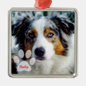 犬の写真と名前とポープリントクリスマス メタルオーナメント (正面)