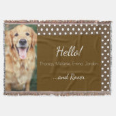 犬の写真と家族の名前水玉模様ブラウンウェルカム スローブランケット (正面)