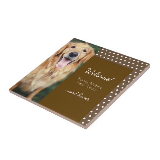犬の写真と家族の名前水玉模様ブラウンウェルカム タイル (側面)