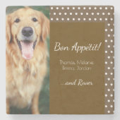 犬の写真と家族の名前水玉模様ブラウン ストーンコースター (正面)