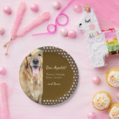 犬の写真と家族の名前水玉模様ブラウン ペーパープレート (パーティー)