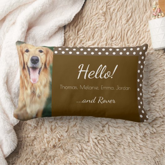 犬の写真と家族の名前水玉模様ブラウン ランバークッション (ブランケット)