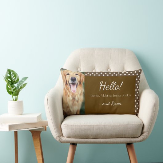 犬の写真と家族の名前水玉模様ブラウン ランバークッション (椅子)