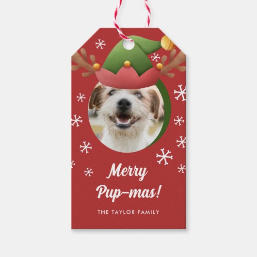 犬の写真と小妖精や小人トナカイAntler Hatクリスマス ギフトタグ (正面)