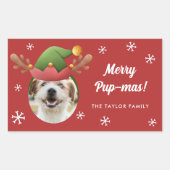 犬の写真と小妖精や小人トナカイAntler Hatクリスマス 長方形シール (正面)