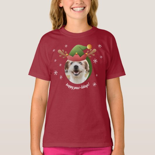 犬の写真と小妖精や小人トナカイAntler Hatクリスマス Tシャツ (正面)