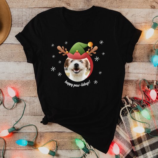 犬の写真と小妖精や小人トナカイAntler Hatクリスマス Tシャツ