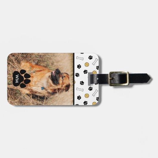 犬の写真と犬をテーマにした模様のモノグラム ラゲッジタグ (正面横)