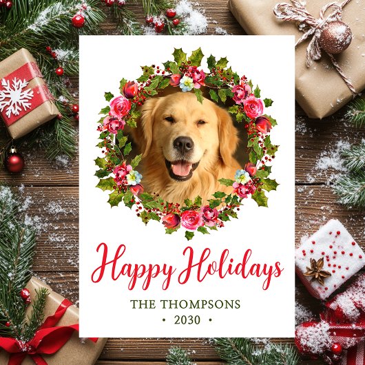 犬の写真のクリスマスリース シーズンカード