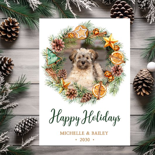 犬の写真のクリスマスリース シーズンカード