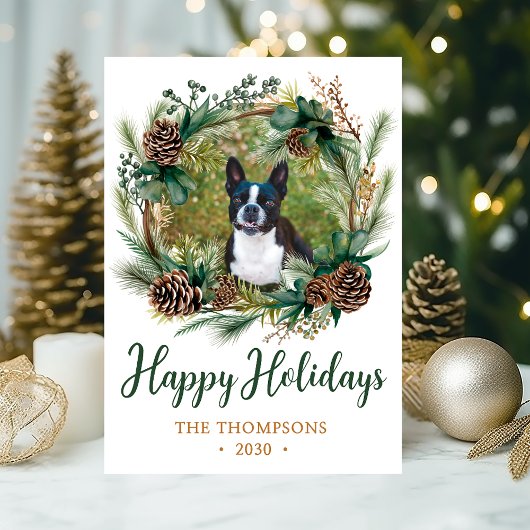犬の写真のクリスマスリース シーズンカード