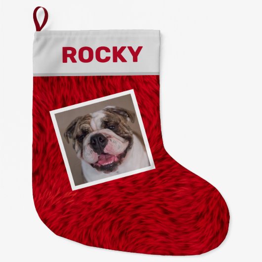 犬の写真のペットネームのブルドッグの子犬 ラージクリスマスストッキング (正面)