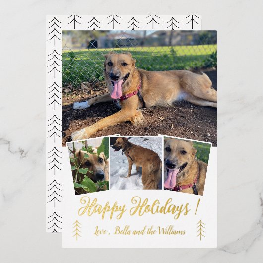 犬の写真コラージュ ゴールドホイル 白い ホリデーカード 箔シーズンカード (正面/裏面)