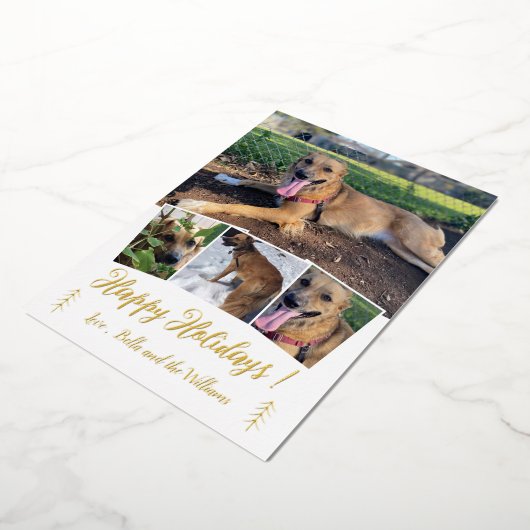 犬の写真コラージュ ゴールドホイル 白い ホリデーカード 箔シーズンカード (回転した状態)