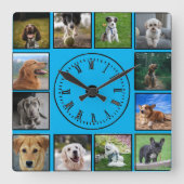 犬の写真コラージュ(青い背景) スクエア壁時計 (正面)
