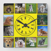 犬の写真コラージュ（黄色い背景） スクエア壁時計 (正面)