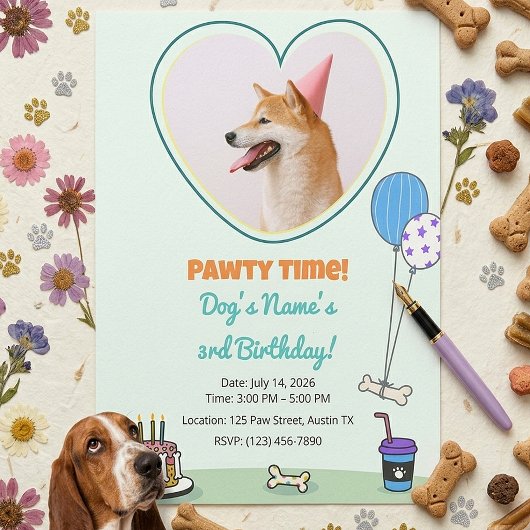 犬の写真ペットパーティー誕生日パーティーデザインテーマ 招待状