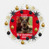 犬の写真，パーソナライズされた初めてのクリスマス メタルオーナメント (正面)