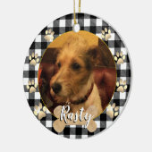 犬の写真,ワンちゃん,骨,前足,白いバッファローPlaid セラミックオーナメント (左)