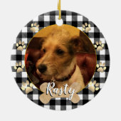 犬の写真,ワンちゃん,骨,前足,白いバッファローPlaid セラミックオーナメント (裏面)
