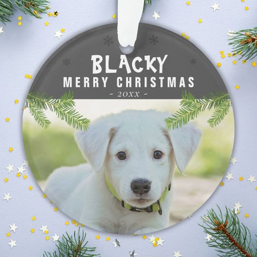 犬の写真 松の枝 雪の結晶 メリークリスマス オーナメント