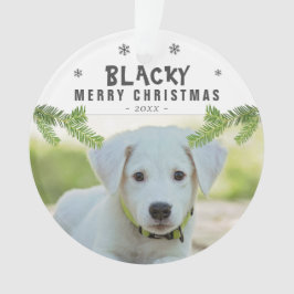 犬の写真 松の枝 雪の結晶 メリークリスマス オーナメント