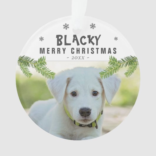 犬の写真 松の枝 雪の結晶 メリークリスマス オーナメント (正面)