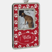犬の写真 足跡パターン 赤いフレームのオーナメント シルバープレートフレームオーナメント (右)
