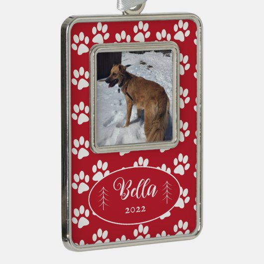 犬の写真 足跡パターン 赤いフレームのオーナメント シルバープレートフレームオーナメント (右)