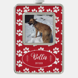 犬の写真 足跡パターン 赤 フレーム付きオーナメント シルバープレートフレームオーナメント