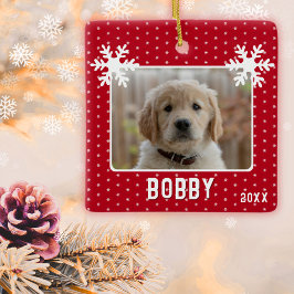 犬の写真 雪の結晶 赤 ペットの名前 クリスマス セラミックオーナメント
