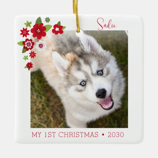 犬の初めてのクリスマスの写真 セラミックオーナメント (正面)