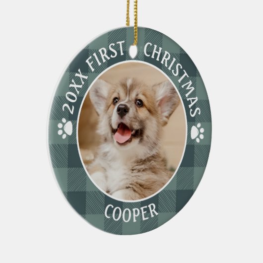 犬の初めてのクリスマスグリーンバッファロープレイドキープサケ セラミックオーナメント (右)