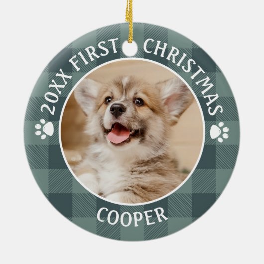犬の初めてのクリスマスグリーンバッファロープレイドキープサケ セラミックオーナメント (裏面)